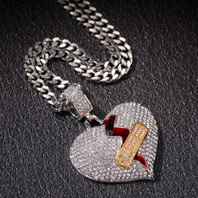 Full Iced Band-Aid Broke Heart Necklace
