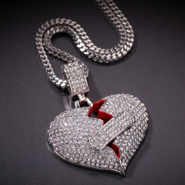 Full Iced Band-Aid Broke Heart Necklace