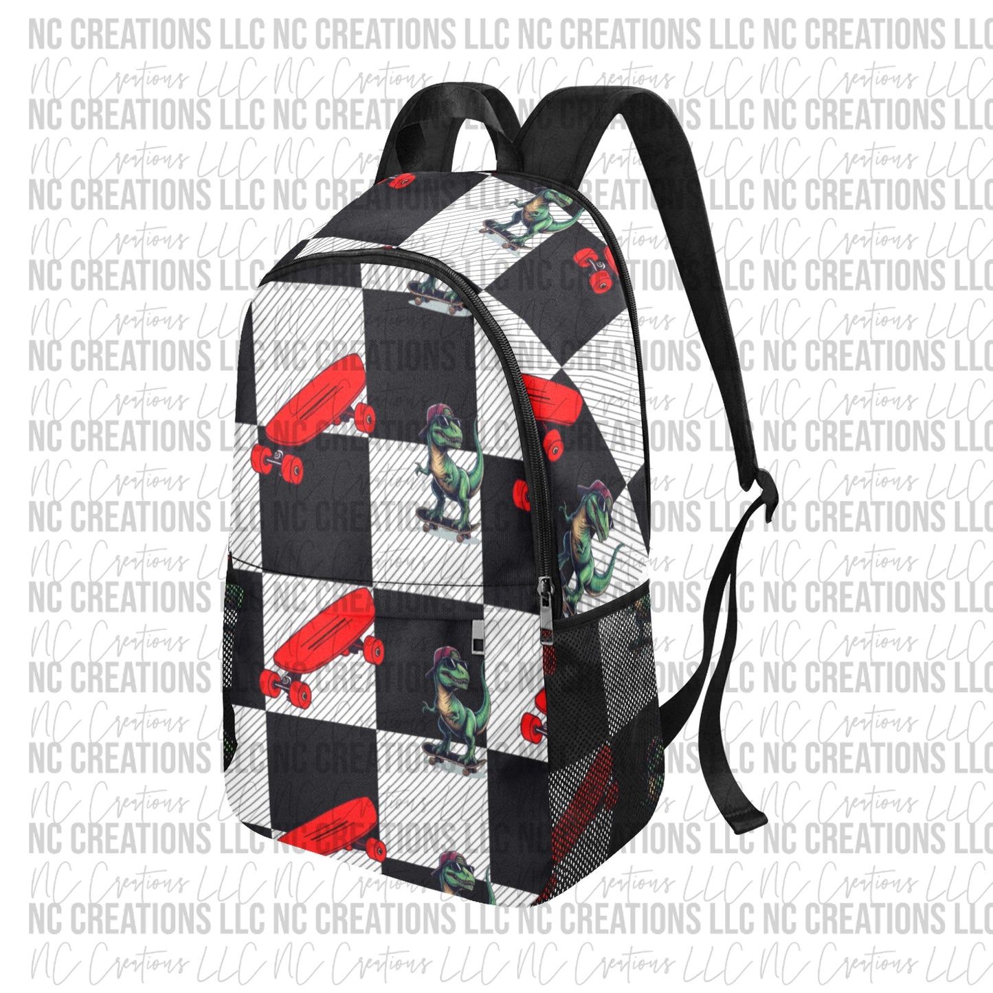 Black & White Checkered Dinosaur & Skateboard Custom Backpack