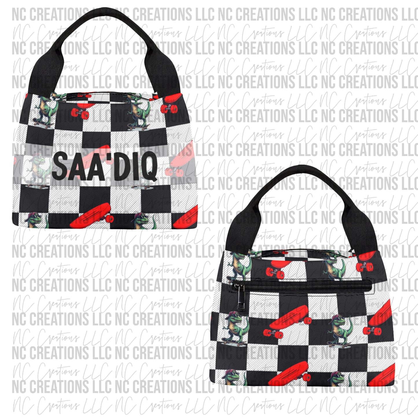 Black & White Checkered Dinosaur & Skateboard Lunch bag