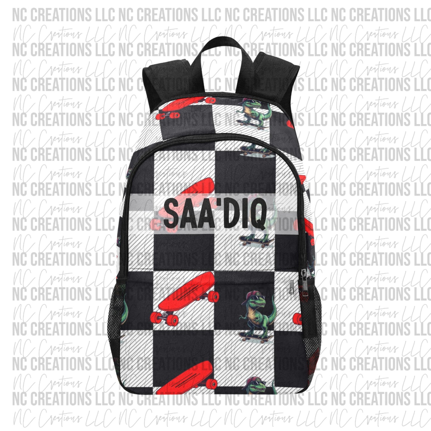 Black & White Checkered Dinosaur & Skateboard Custom Backpack