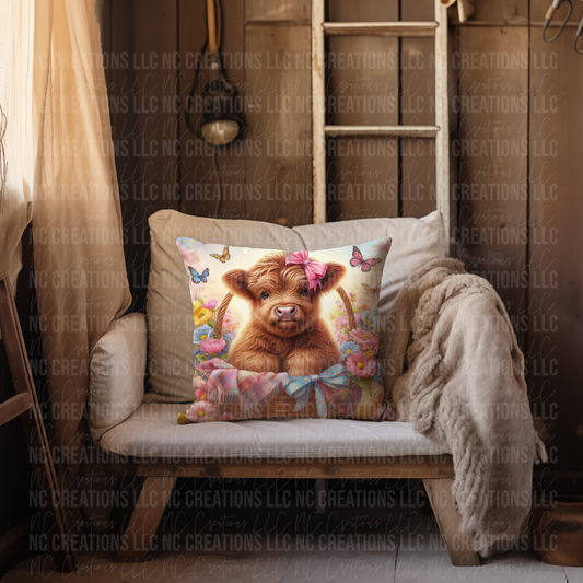 Highland Cow in a Basket Throw Pillow