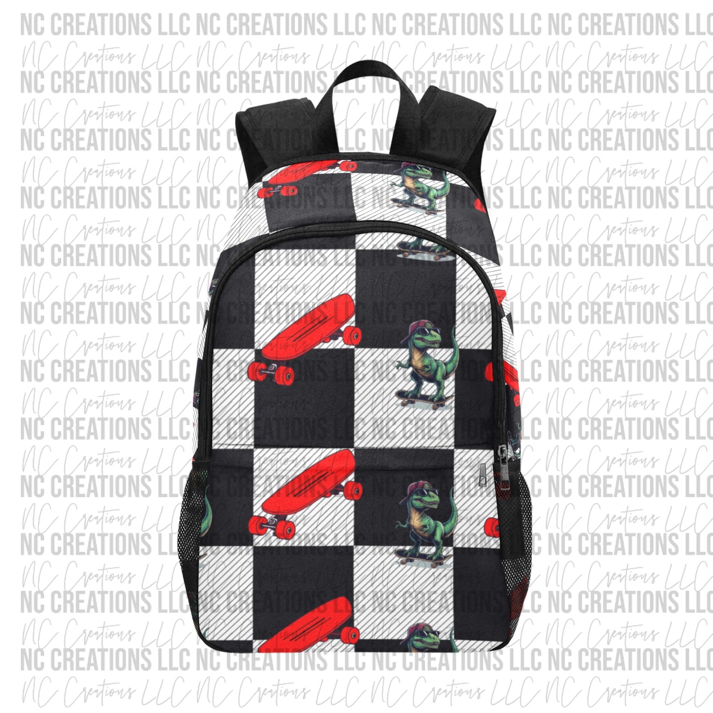 Black & White Checkered Dinosaur & Skateboard Custom Backpack