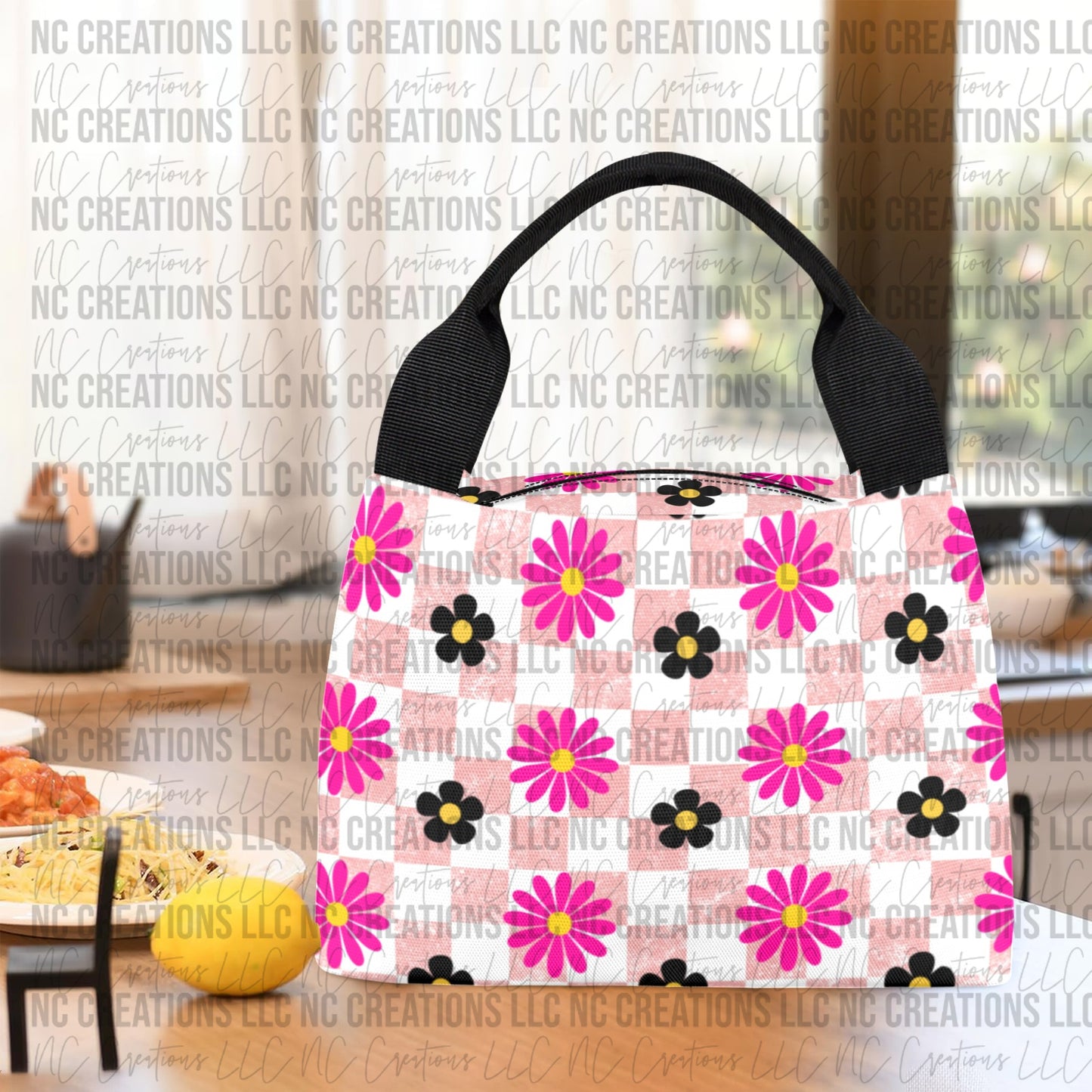 Mauve Checkered & Flowers Custom Lunch bag