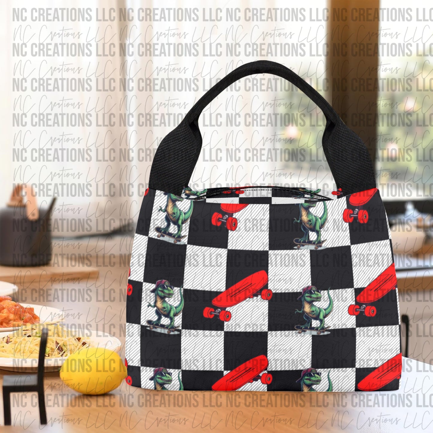 Black & White Checkered Dinosaur & Skateboard Lunch bag