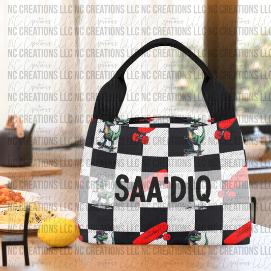 Black & White Checkered Dinosaur & Skateboard Lunch bag