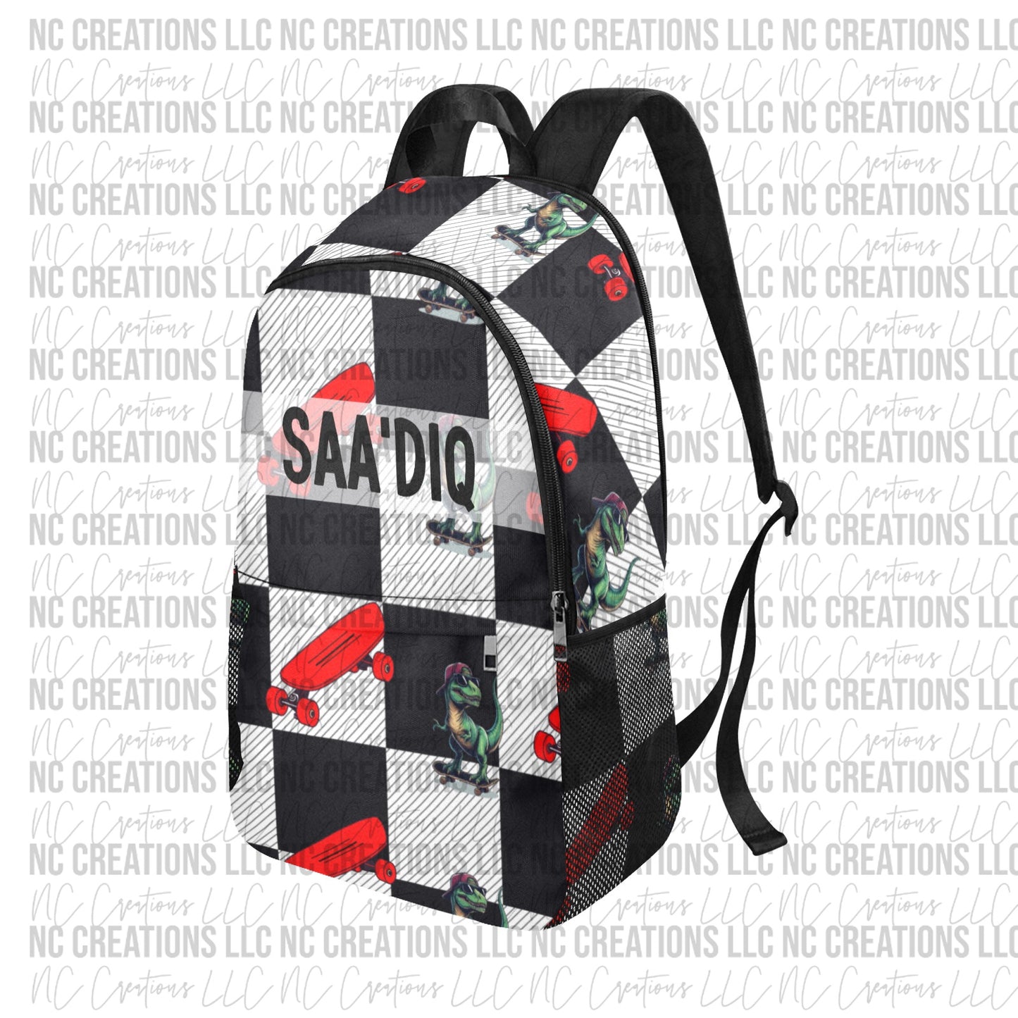 Black & White Checkered Dinosaur & Skateboard Custom Backpack