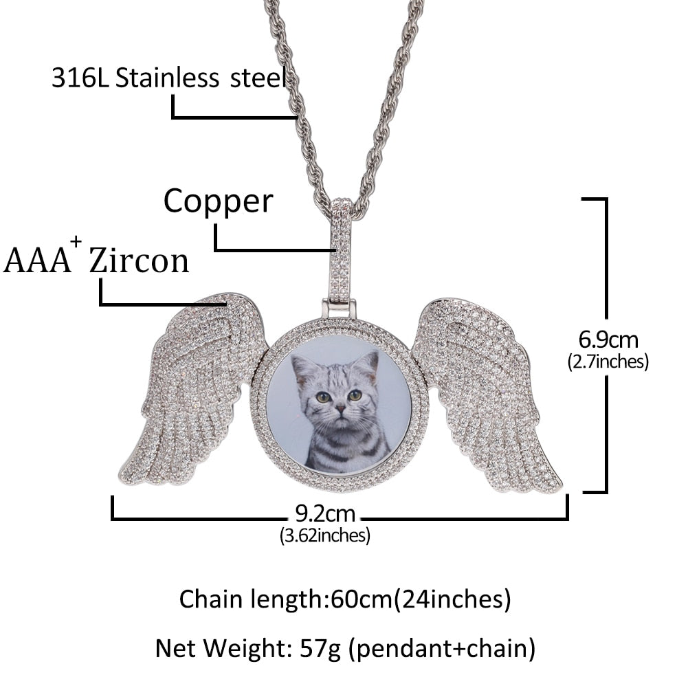 Custom Circle Photo Necklace With Angel Wings