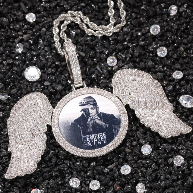 Custom Circle Photo Necklace With Angel Wings