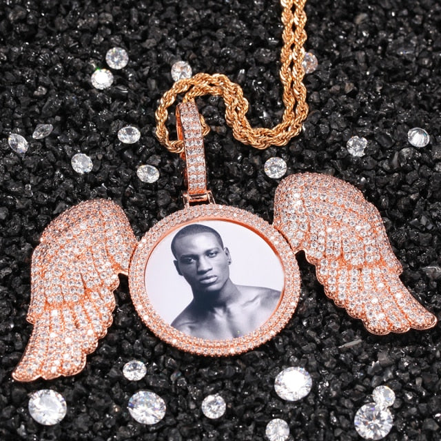 Custom Circle Photo Necklace With Angel Wings